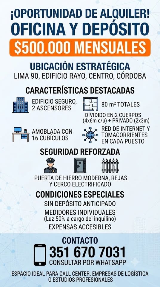 Alquiler de Oficina y Depósito 80m2 en Centro Córdoba | Edificio Rayo - Inmuebles y departamentos en Córdoba