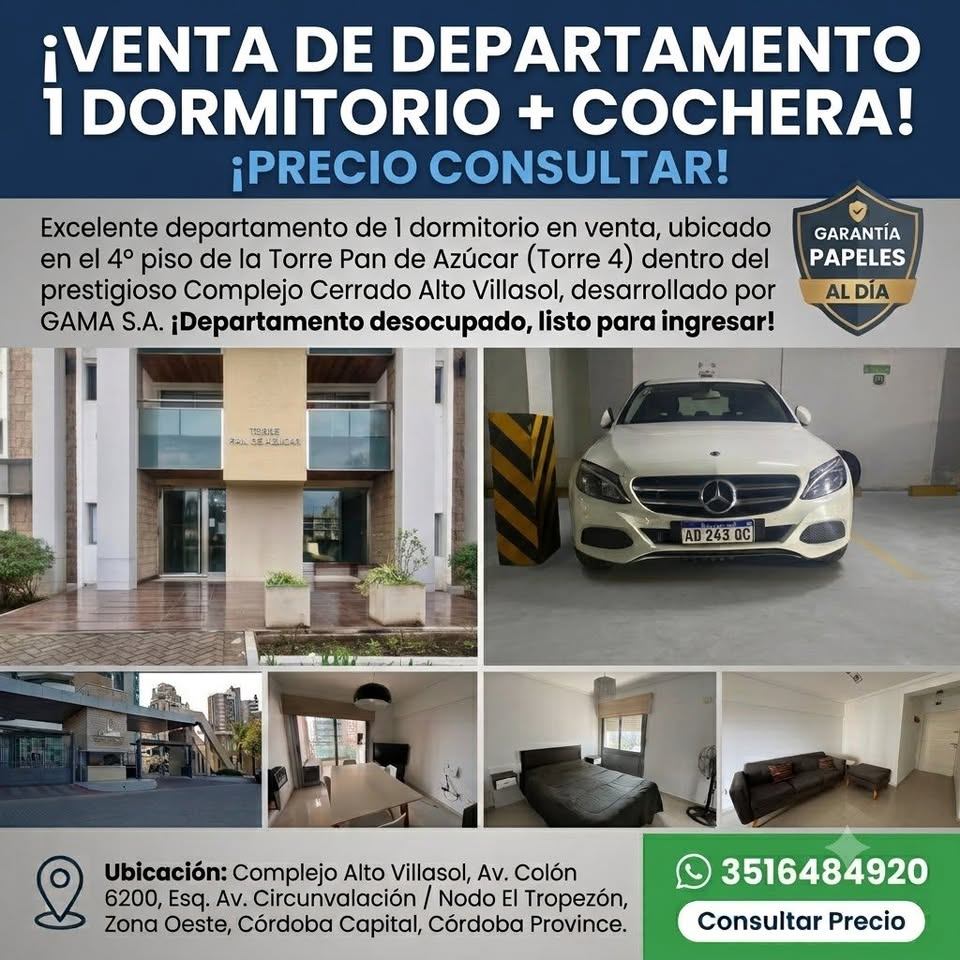 Venta Departamento + Cochera Subterránea - Torre Pan de Azúcar - Complejo Alto Villasol, Córdoba - Inmuebles y departamentos en Córdoba